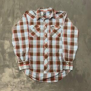 Vintage Western Pearl Snap Shirt Large Blue Brown Plaid Fair Distressed Wrangler